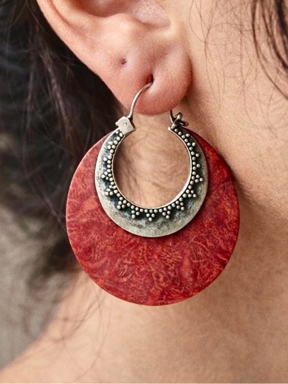 Sterling Silver Red Jasper Statement Hoop Earrings Boho Tribal